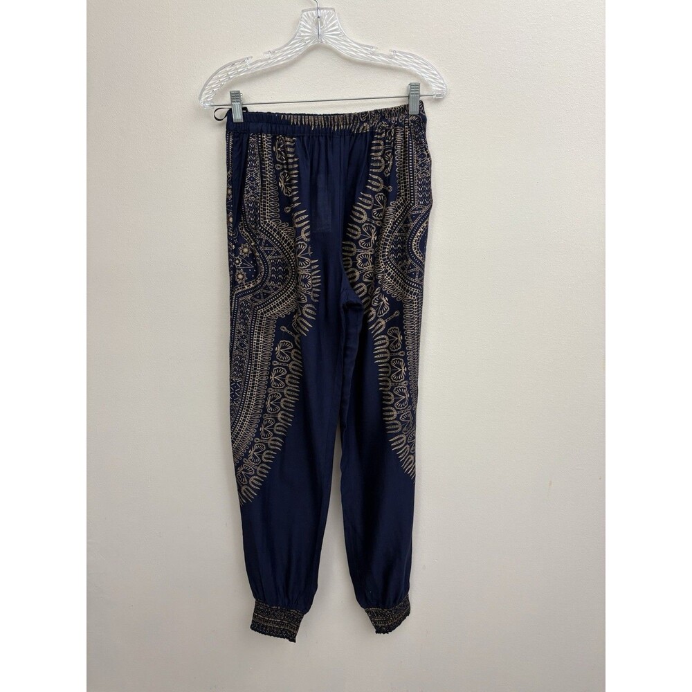 Lapogee Worldover Women Harem Pants M Blue Gold Boho Dashiki Yoga Smocked Waist - Picture 2 of 15
